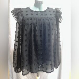 Mittoshop Womens Blouse Black Polka Dot Long Sleeve Ruffle Shoulder Size Medium